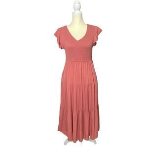 MEROKEETY Women's Flutter Sleeve Smocked Midi Dress V Neck Casual Tiered Size L